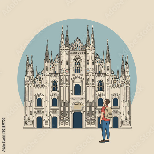 Traveler admiring the magnificent Milan Cathedral facade, a Gothic architectural masterpiece