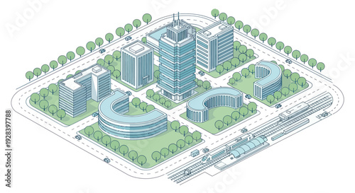 Modern Cityscape Isometric View with Skyscrapers and Green Spaces.