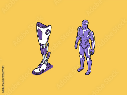 Futuristic prosthetic leg and humanoid robot side by side on yellow background