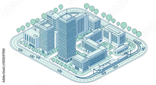 Modern Cityscape with Tall Buildings and Transportation Networks.