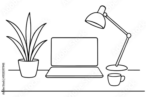 Minimalist Desk Scene One Line Drawing – Laptop, Lamp, and Plant Vector Art
