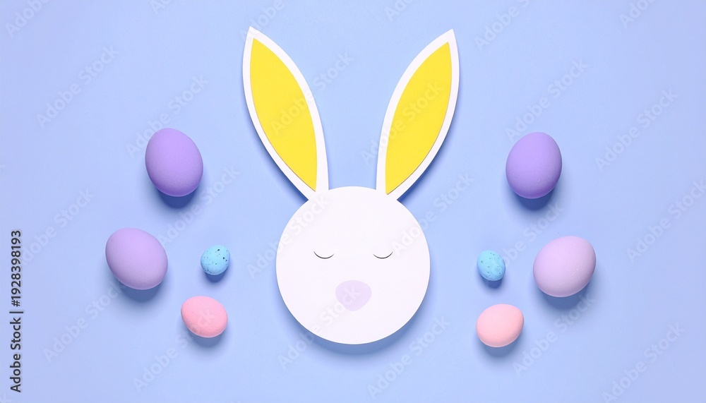 Fototapeta premium Paper bunny face with pastel eggs on blue
