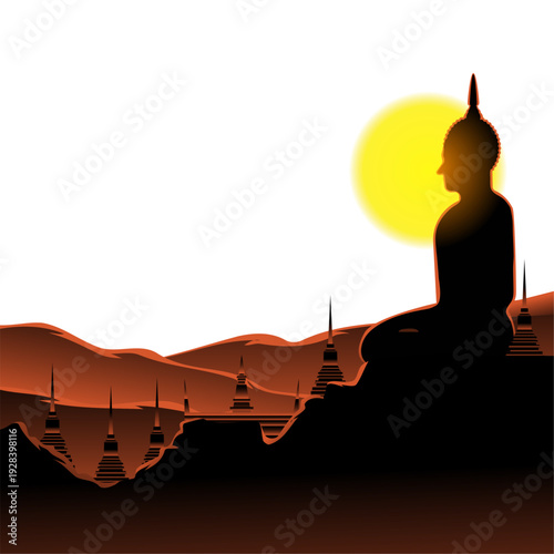 Lord Buddha Silhouette Vector Art with Stupas and Sun for Poya Day Background and Buddhist Celebrations