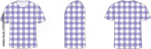 Purple checkered t shirt mockup displayed in front, side, and back view. Stylish apparel template featuring seamless plaid pattern for fashion presentation. Editable vector garment design ideal for br