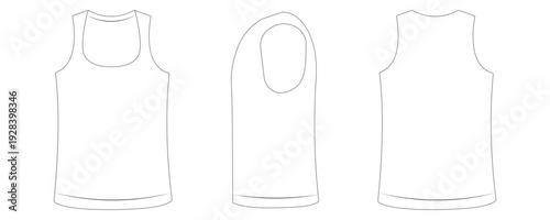 Blank tank top mockup displayed in front, side, and back view. Clean sleeveless apparel template for fashion branding and print design presentation. Editable vector clothing layout ideal for merchandi