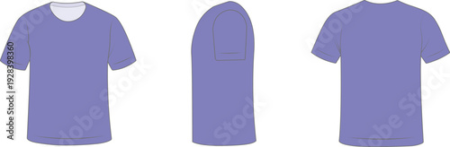 Blank short sleeve t shirt mockup shown in front, side, and back views. Clean apparel template suitable for fashion branding and clothing presentation. Editable vector garment layout for textile desig