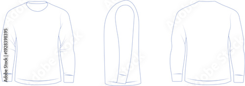 Long sleeve sweater outline mockup displayed in front, side, and back views. Clean apparel line art template created for fashion design and garment presentation. Minimal vector clothing sketch ideal f