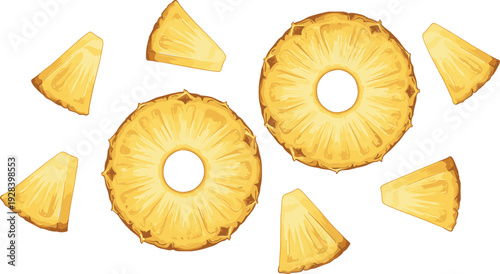 Fresh Juicy Pineapple Slices and Round Rings Set Isolated on White Background for Tropical Food Design, Summer Fruit Menus, and Healthy Organic Illustrations