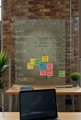 Modern office workspace with vision board and planning tools