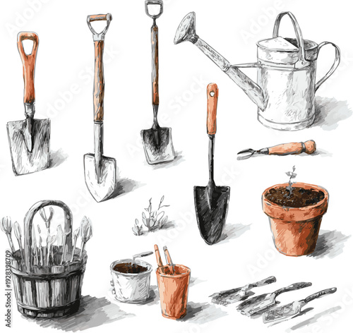 Create a Hand drawn gardening tools collection vector art of white background