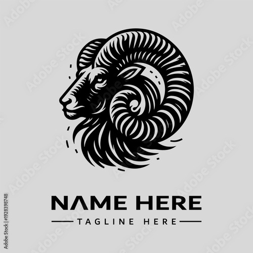 A black and white illustration of a ram's head with curved horns and a bold, modern design on a light gray background with space for a logo and tagline.