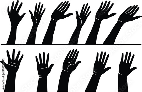 Black silhouette hands raised in various positions silhouettes white