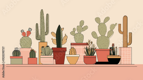 A stylized illustration of various cacti and succulents in pots, arranged in a row
