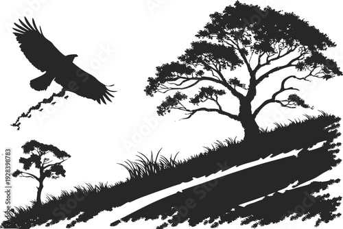 Black silhouette of eagle flying over trees on hill grass