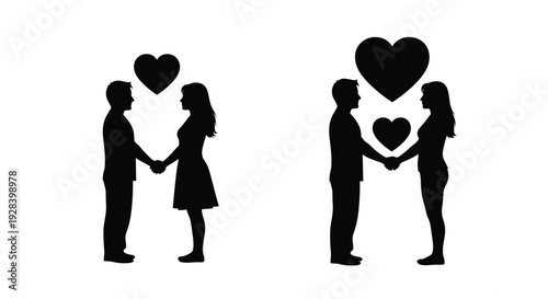 Two couples embracing with hearts above their heads silhouette