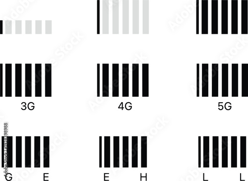 Mobile Network Signal Strength Icon Set with 3G, 4G, 5G, and LTE Data Connectivity Symbols for Smartphone Interface Design and Telecommunications Graphic Elements