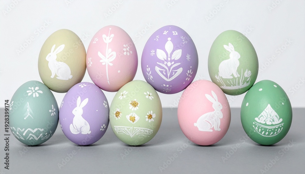 Fototapeta premium Pastel Easter eggs with white decorative designs