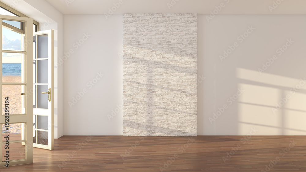 Fototapeta premium Bright empty interior with wooden floor stone accent wall and open glass door to sandy beach and blue ocean. Modern coastal home with natural light and copy space. 3D Illustration