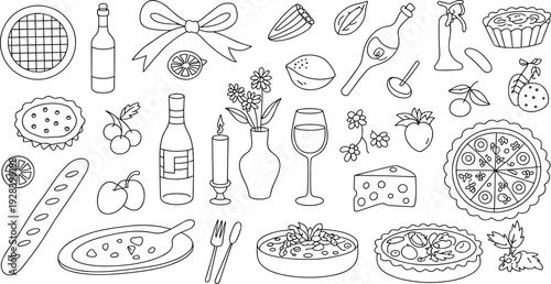 Black and white culinary illustration, decorative food and wine artwork with pizza, pasta, bread, fruit, utensils, perfect for posters, prints, restaurant decor