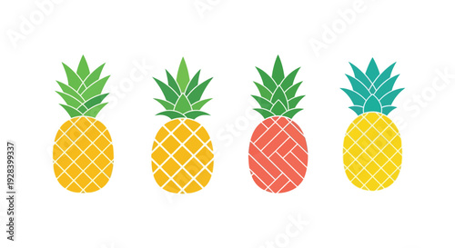 Four colorful pineapples arranged in a horizontal row silhouette