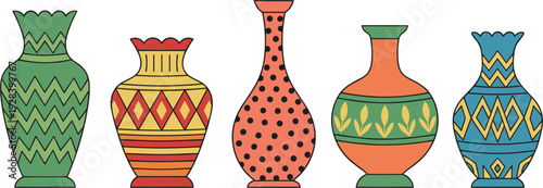 Set of Handcrafted Decorative Ceramic Vases with Colorful Geometric Patterns and Floral Ornaments for Home Interior Decor, Pottery Art, and Lifestyle Graphic Design