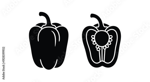 Two bell peppers one whole and one halved in black silhouette