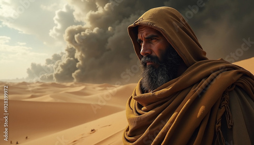 Scene from bible with strong figure of Moses in desert landscape surrounded by sand dunes and dramatic clouds. Biblical scene captures essence of leadership and faith during challenging times.