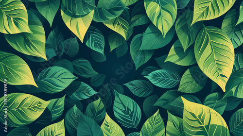 A digitally rendered close-up showcasing lush green and yellow leaves, evoking a vibrant nature scene