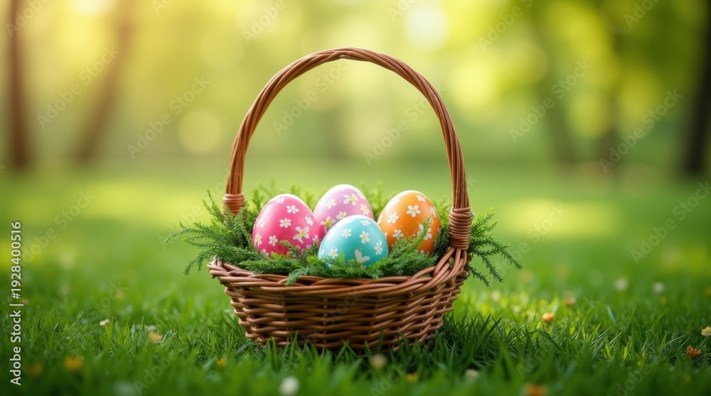 Fototapeta premium Wicker basket holding decorated Easter eggs and plain eggs on lush green lawn, representing spring celebration, Orthodox traditions, and new beginnings during the holiday season. Copy space