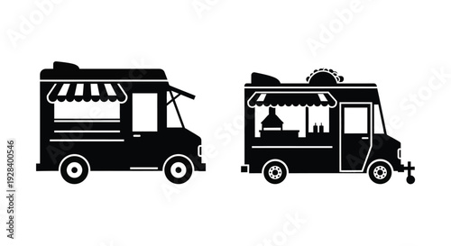 Two food trucks depicted in a stark black silhouette