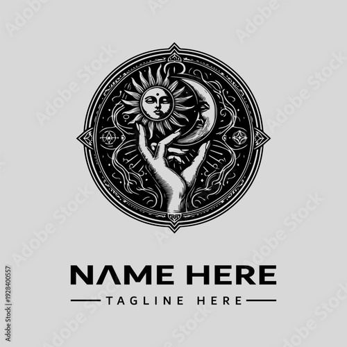 A black and white illustration of a hand holding a sun and moon logo with a vintage engraving style on a circular background with ornate details and a placeholder text for a name and