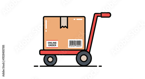 Brown cardboard box on red dolly.