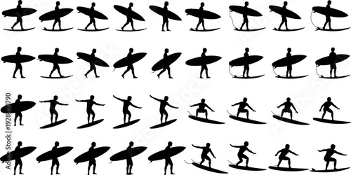 Black silhouette vector illustration sequence of a male surfer carrying a surfboard and riding waves for summer sports design projects.