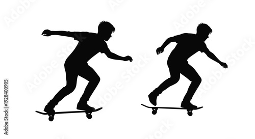 Two skateboarders in dynamic poses captured as a striking silhouette