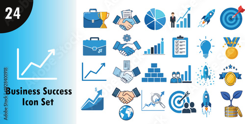 Business success icon set featuring financial growth charts professional briefcase corporate handshake achievement trophy target with arrow and rocket launch symbols set