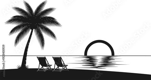 Serene tropical sunset with palm tree and beach chairs