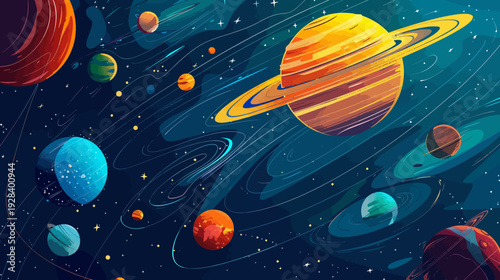 Cartoon planets float in a teal and dark blue star field with white and yellow stars