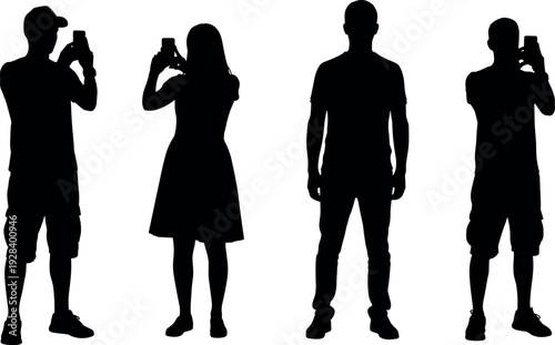 Black silhouette vector illustration of diverse people standing together while using mobile smartphones to take digital photos and record videos.