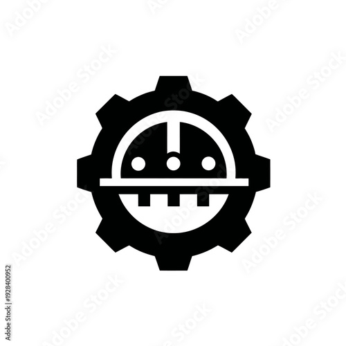 Abstract black gear icon with internal dial, dots, and meter line, representing settings, engineering, process, and measurement.
