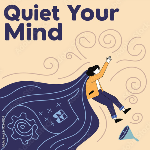 a character drowning in a sea made of tangled thoughts and symbols, clean conceptual illustration, deep blue tones, include text ‘QUIET YOUR MIND’