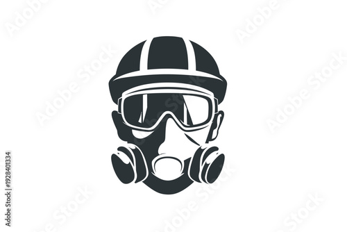 Industrial worker portrait with hard hat, safety goggles, and gas mask. Safety and protection concept vector illustration.