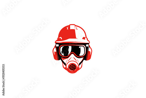 Stylized red industrial worker in PPE: hard hat, respirator, goggles, and ear protection, symbolizing safety and hazardous work.