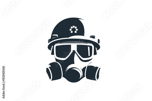 Worker protection gear illustration: hard hat, gas mask, and safety goggles for industrial, construction, and hazardous environments.