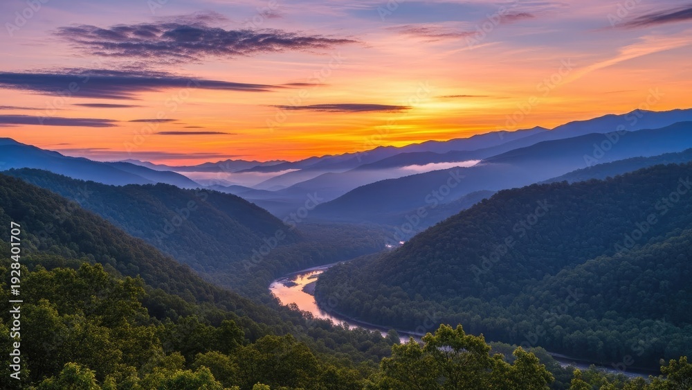 Fototapeta premium A serene landscape of rolling hills and a winding river at sunset