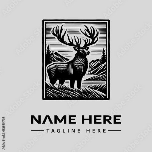 A vintage-style woodcut illustration of a majestic moose with large antlers standing in a mountainous landscape, presented as a logo or icon with a bold, black and white color scheme and a