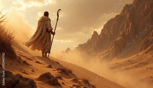 Scene from the Bible with Moses standing in desert landscape holding staff surrounded by golden sand dunes. Moses offers guidance and leadership in challenging terrains.
