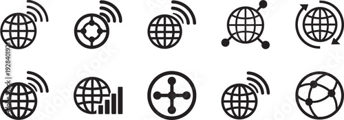 Internet Icon Set with Global Network Signal Symbols in Minimal Flat Vector Silhouette Style.