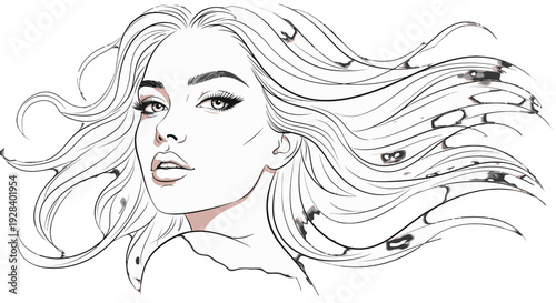 Line art illustration of a woman with flowing hair and birds.