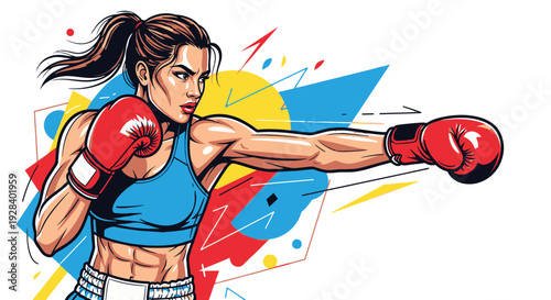 Female boxer throwing a punch in a dynamic cartoon style.