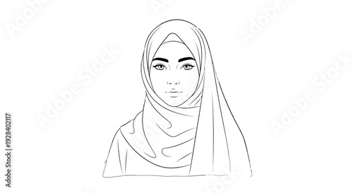 Simple line drawing of a woman wearing a hijab on a white background.